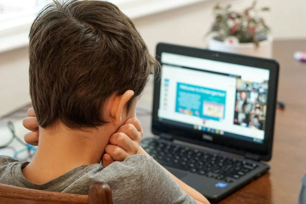 A boy working on a laptop at home